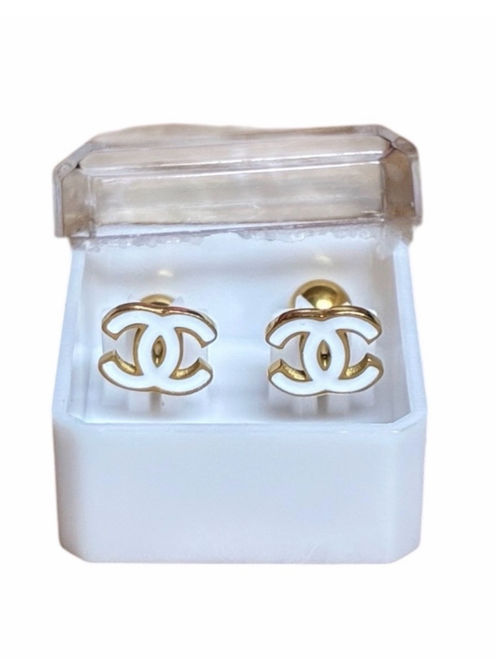 CHANEL STAINLESS STEEL SCREW ON Gold & White CC Logo Stud Earrings
